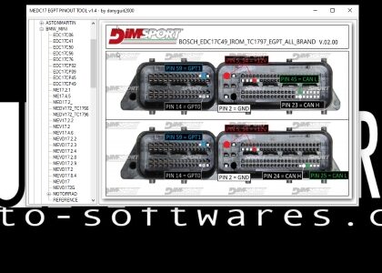 Image depicting a laptop screen displaying intricate automotive schematics and diagrams with the ECU Pinout Software interface by AutoSoftwares. The software exhibits detailed connections and wiring patterns, offering a comprehensive solution for automotive diagnostics, modifications, and repairs
